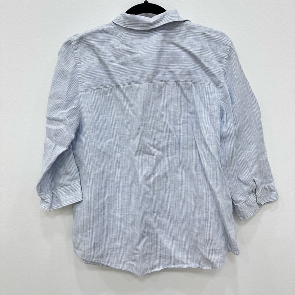 Chico’s NO-IRON Linen Striped Casual button down blue white stripe ladies blouse - Picture 3 of 5